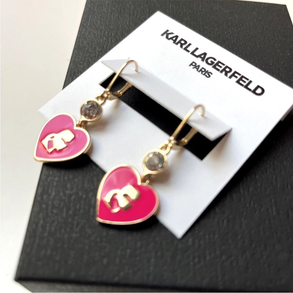 KARL LAGERFELD GOLD AND PINK HEART DROP      EARRINGS